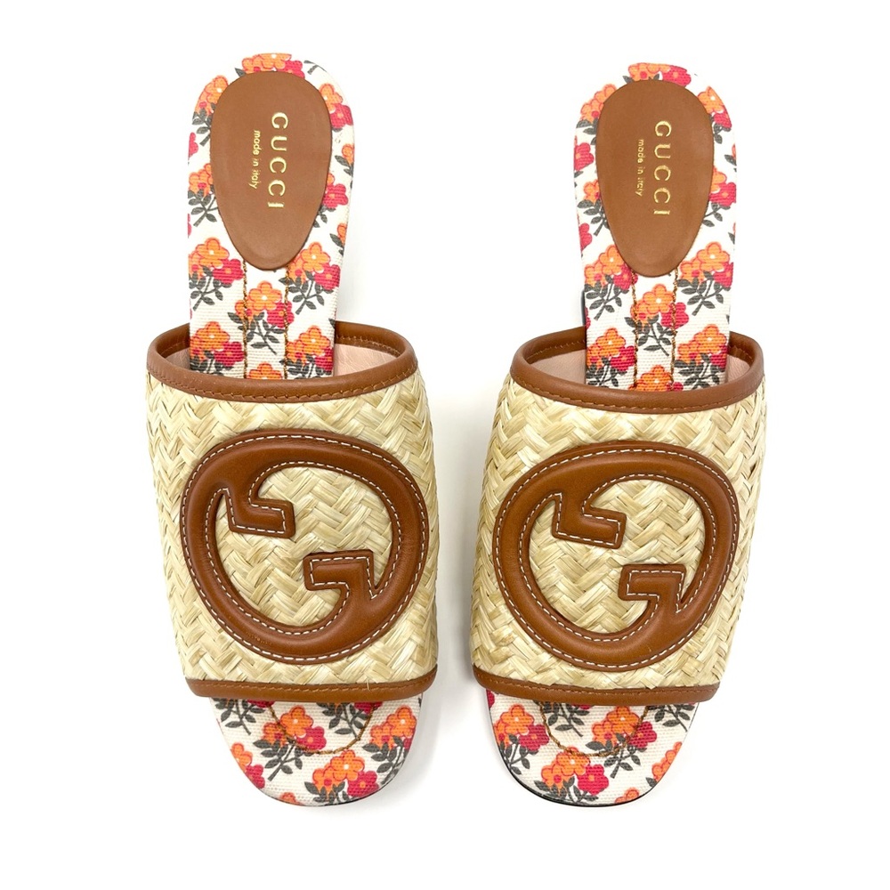 Gucci Mabel Interlocking GG Logo Raffia Sandals Slides Mules Heels Brown 37 7 - Picture 2 of 12